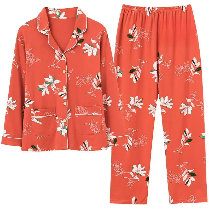 Autumn Women's 100% Cotton Long Sleeve Pajama Set Middle-aged Elderly Thin Cardigan Suitable For Home Wear