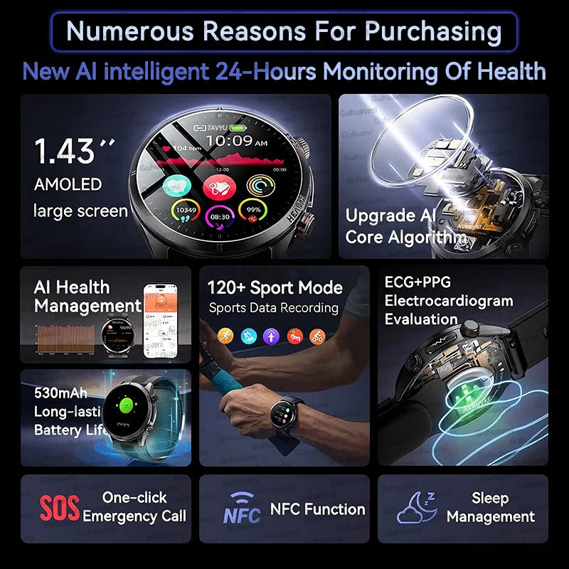 2026 New AI diagnosis Air Pump Blood Pressure Accurate Measure Smart Watches Men Uric Acid ECG Call Health NFC Smartwatch Women