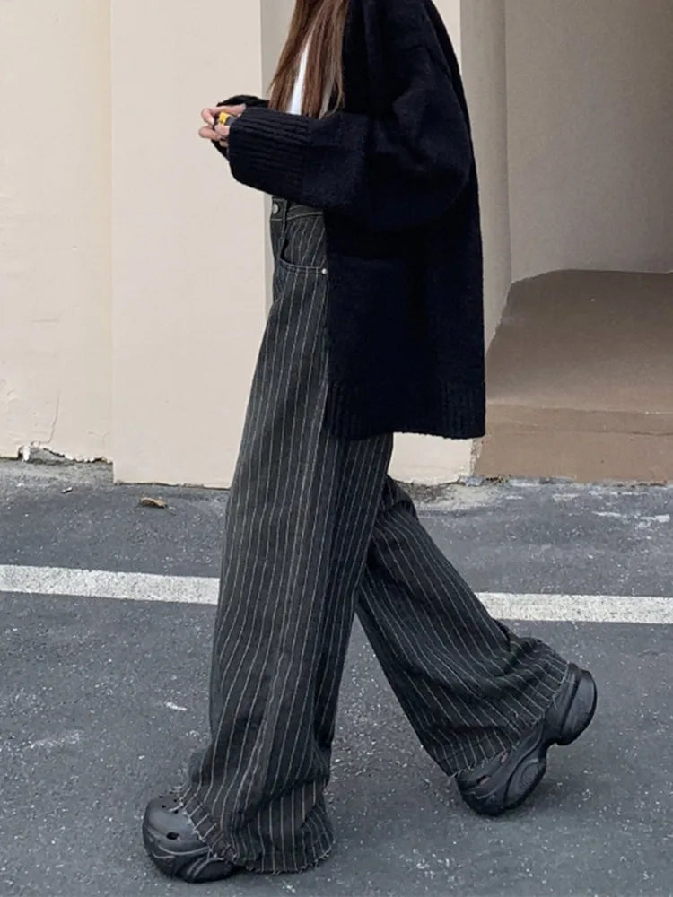 KG Ropa Y2K Fashion Vintage Striped Wide Leg Baggy Jeans Pants For Women Clothes Straight Washed Black Casual Lady Trousers