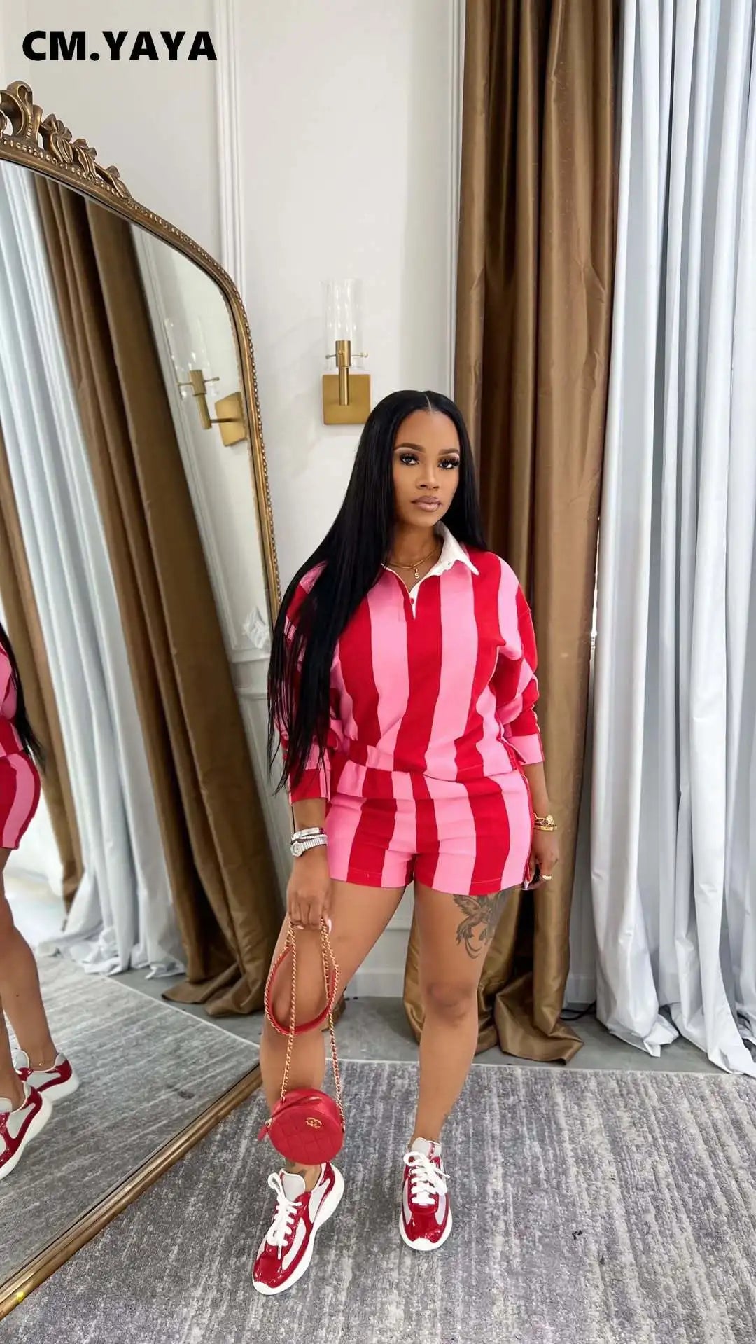 Striped Women's Set Pleated full Sleeve Turn-down Collar Polo-t-shirt and Shorts Two 2 Piece Sets Outfit Tracksuits