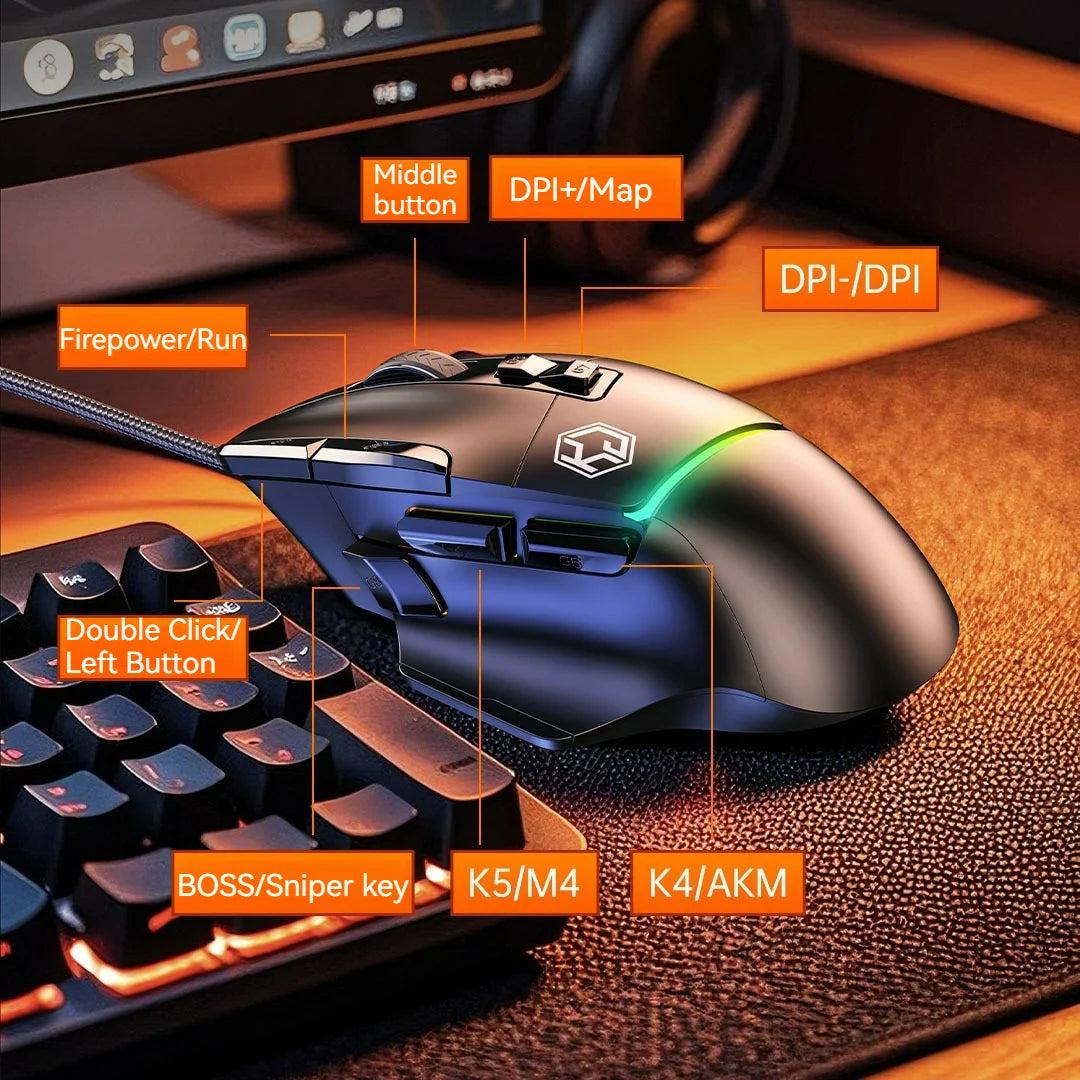 Wired Mouse RGB Lights 10 Keys Macro Programming Gaming Chip 12800DPI Ergonomic Design Medium-Large Hand Gaming Mouse GK502