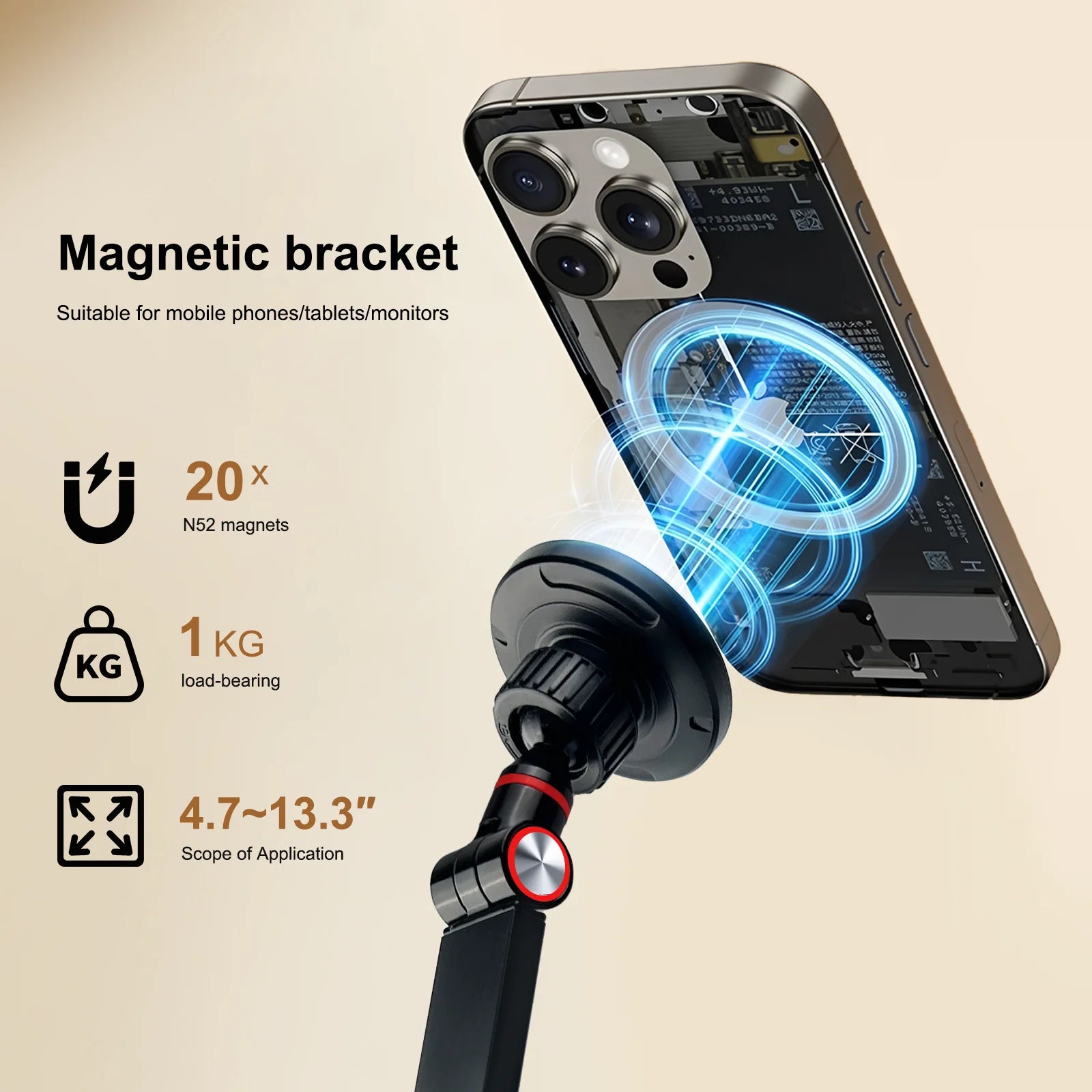 Magnetic 360° Rotating Phone Tablet Stand Aluminum Alloy 4.7-13.3" Portable Monitor Holder Strong Load Desktop Mount