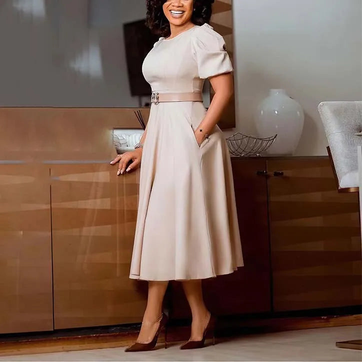 Elegant African Dresses For Women O Neck Short Sleeve Belt Waisted Pleated Mid Calf Fashion Female Birthday Party Dinner Dress