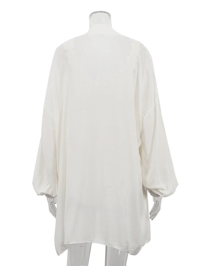 Marthaqiqi Casual Women Nightgowns Set V-Neck Sleepwear Long Sleeve Robe Underwear Shorts White Loose Ladies Pajama 3 Piece Suit