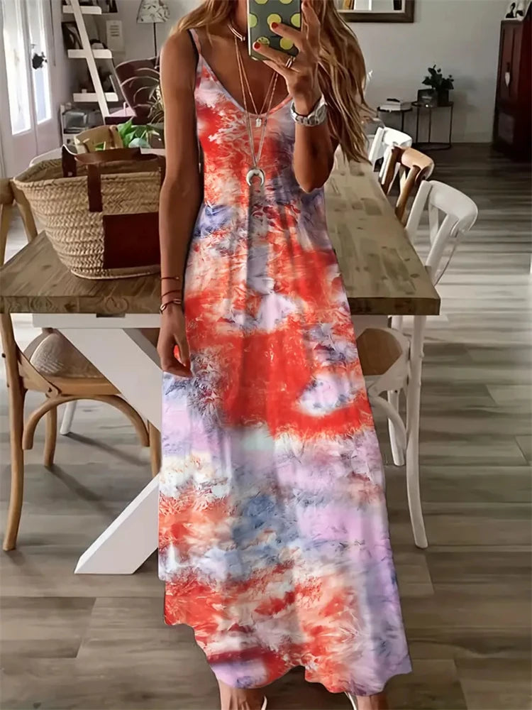 Abstract Print Maxi Dress, Casual Sleeveless Spaghetti Strap Dress, Women's Clothing
