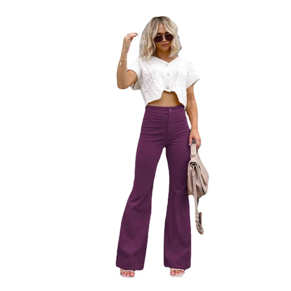 Women Corduroy Flared Pants Mid-Waist Slim Fit Bell-Bottom Trousers