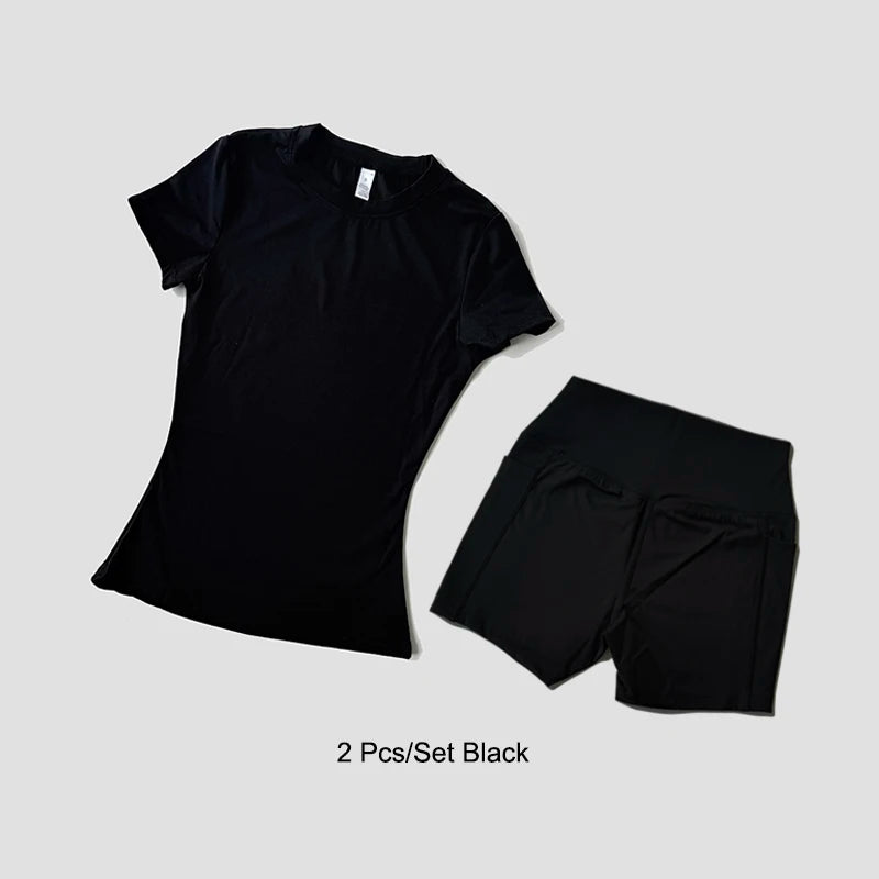 Women's Sports Set Seamless Knitted Short Sleeve