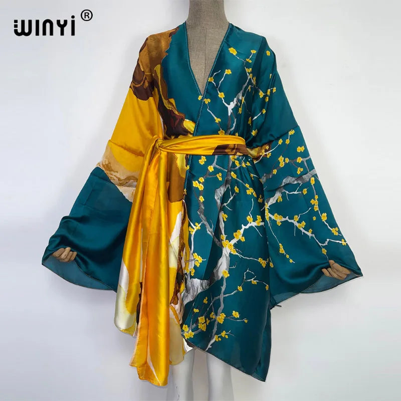 WINYI Summer Beach Wear Swim Suit Cover kaftan sweet lady boho Cardigan stitch Self Belted sexy Holiday long Sleeve Kimono