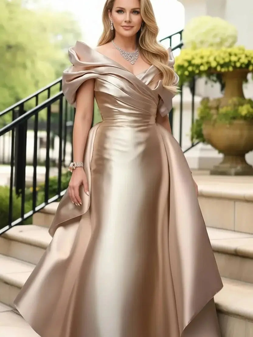 Plus Size Satin Evening Dress for Women's Off Shoulder Puff Sleeve Solid Elegant Cocktail Wedding Guest Maxi Dresses