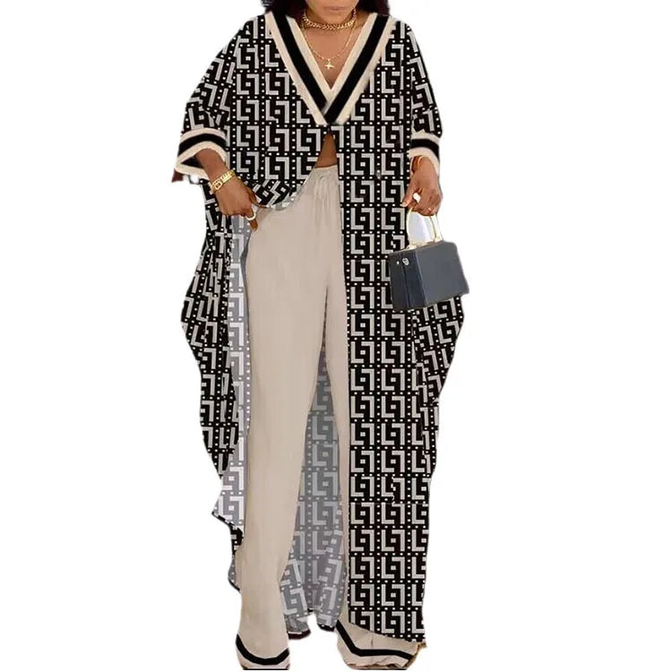 Spring Summer New Women's V-neck Loose Long Sleeved Top Letter Printing Fashion Casual Open Front Women's Pants Set