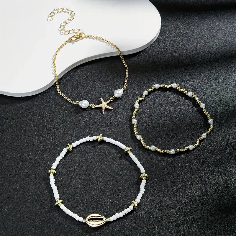 3 Pcs Beach Beaded Anklet Set for Women Vintage Summer Gold Color Starfish Shell Charms Anklet Vacation Daily Wear Jewelry Gifts