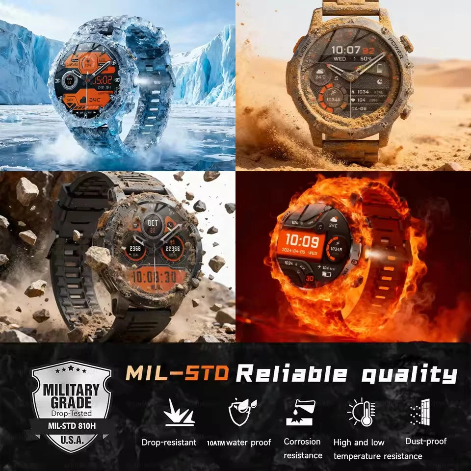 2025 New Military Smart Watch 1000Mah Battery Fitness Tracking 10ATM Waterproof Tactics Sport Flashlight call Bracelet For Men