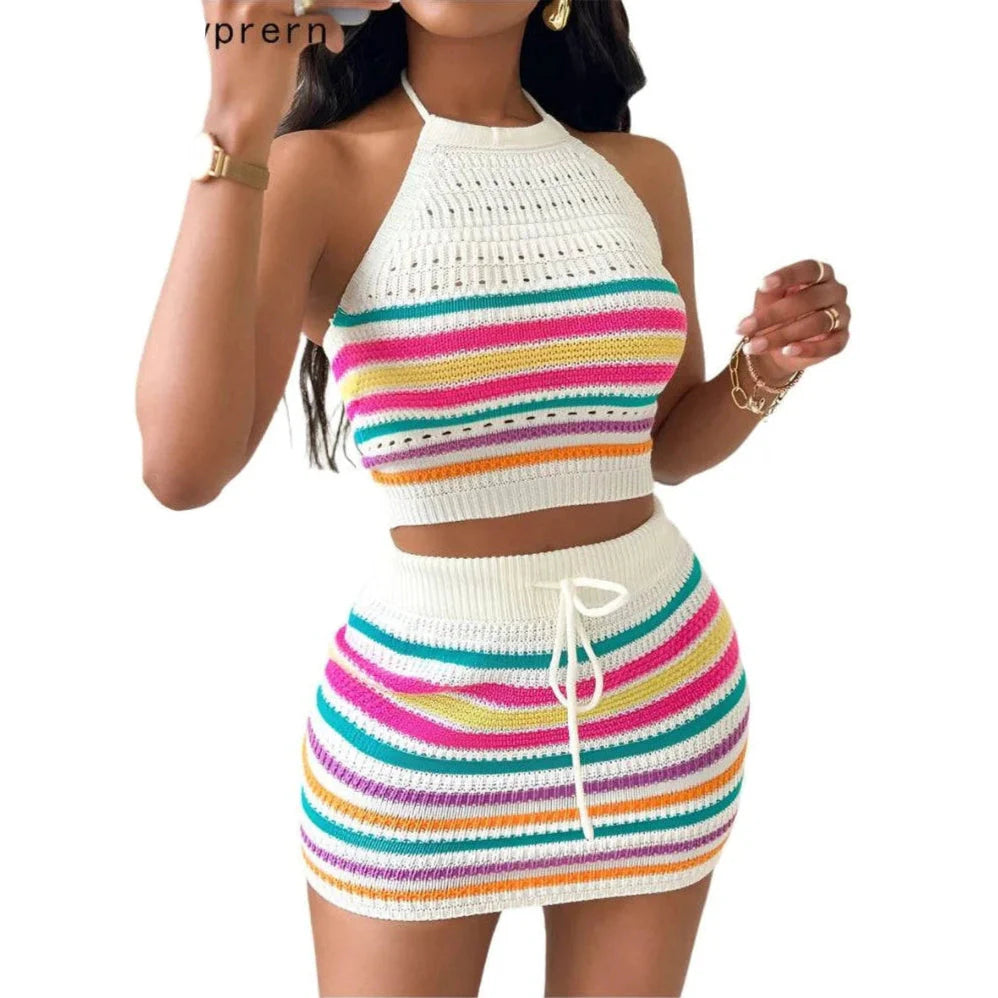 Vacation Outfits for Women - Two Piece Womens Halter Crop Top + Matching Skirt Set