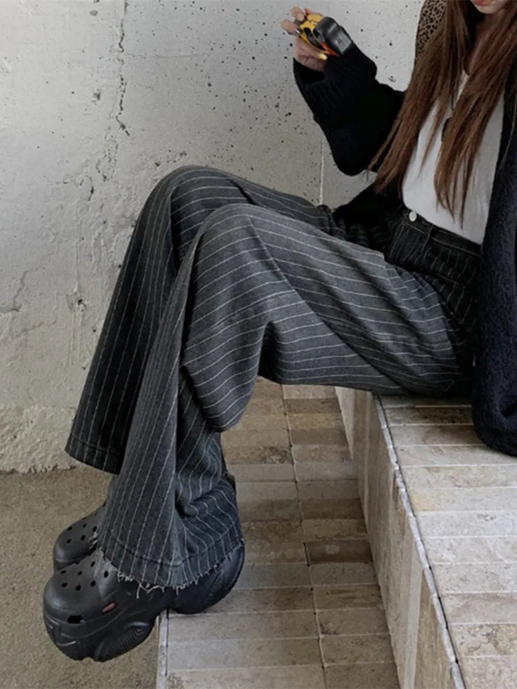 KG Ropa Y2K Fashion Vintage Striped Wide Leg Baggy Jeans Pants For Women Clothes Straight Washed Black Casual Lady Trousers