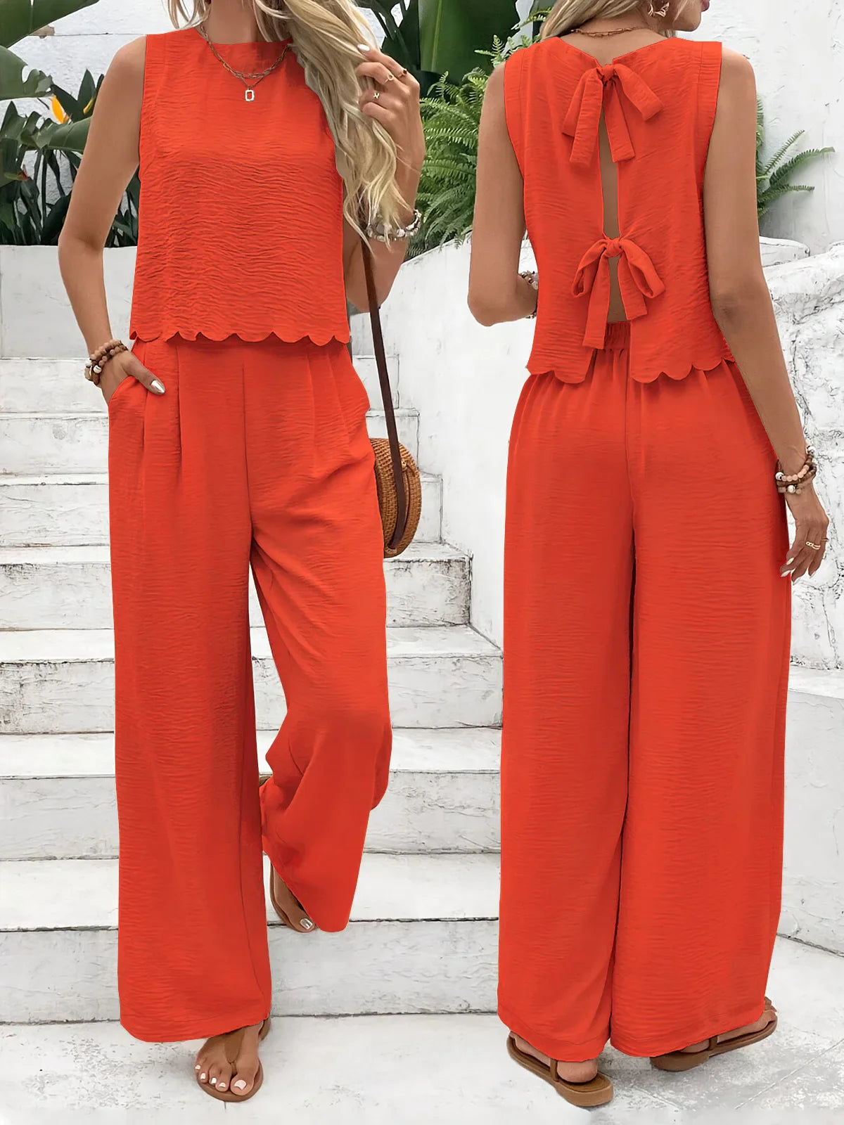 Casual set, wide pants, sleeveless blouse, open back with tie, detail on the hem of the blouse