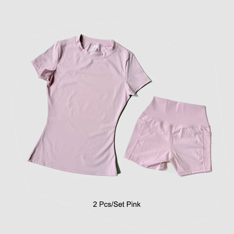 Women's Sports Set Seamless Knitted Short Sleeve