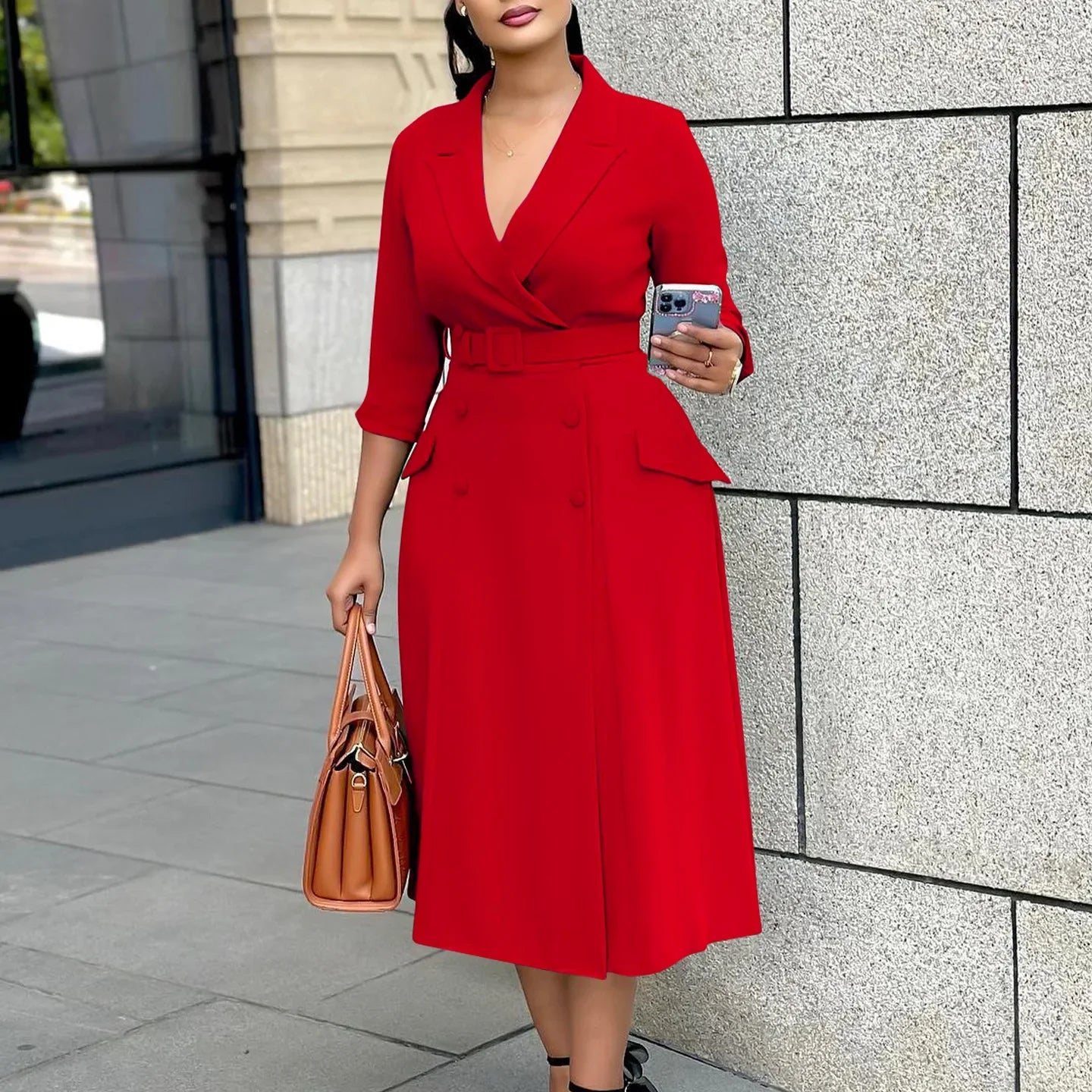 Women Notched Neck Elegant Full Sleeve Midi Dress Work Belt Streetwear Africa Party Club Dresses