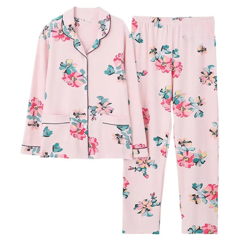 Autumn Women's 100% Cotton Long Sleeve Pajama Set Middle-aged Elderly Thin Cardigan Suitable For Home Wear