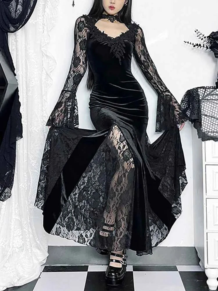 AltGoth Gothic Midi Dress - Elegant Lace Patchwork & Sheer Flare Sleeves, High-Waisted Clubwear for a Stunning Look