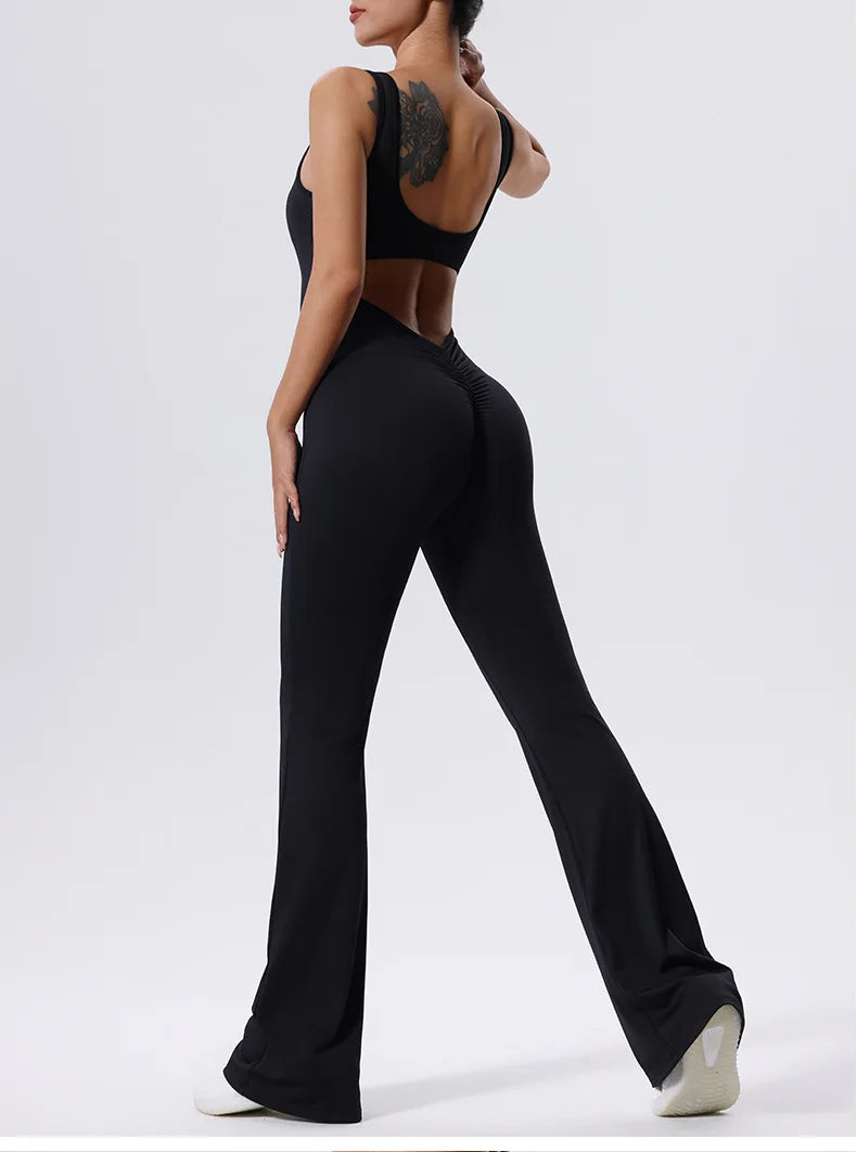 V Back Scrunch Gym Set Women Sport One-Piece Suit Yoga Suit Flared Pants Women Sports Jumpsuit Fitness Rompers Workout Bodysuits