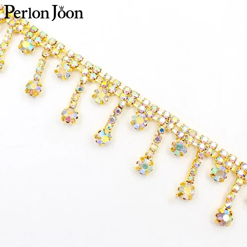 1 Yard Short tassel Pendant rhinestones trim fringe crystal metal chain  for dress,bag,shoes accessories