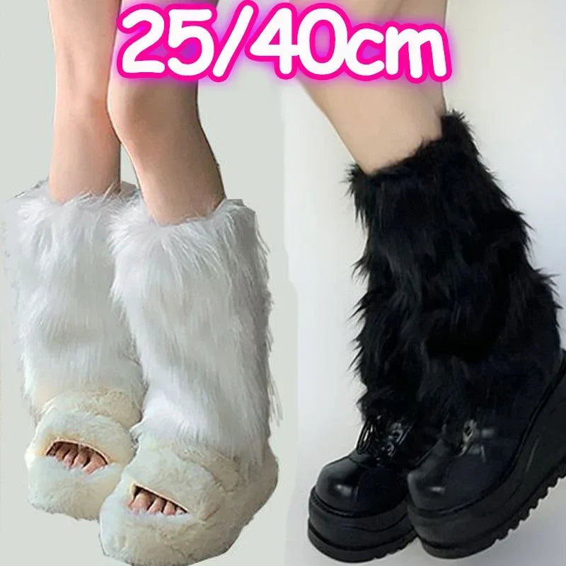 Japanese White Faux Fur Leg Warmers Boot Covers Y2K Goth Solid Leg Socks Punk Jk Knee-length Hiphop Hotgirl Fashion Warm Sock