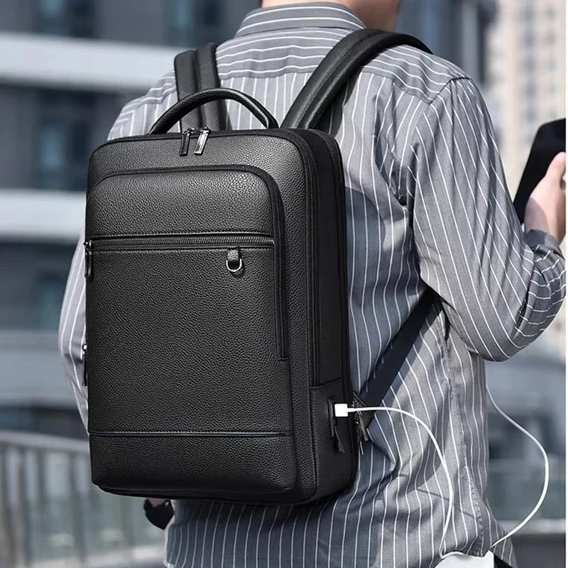 Men's 15.6 inch Laptop Backpack PU Leather Satchel USB Charging Executive Backpack Briefcase Office Travel Business Shoulder Bag