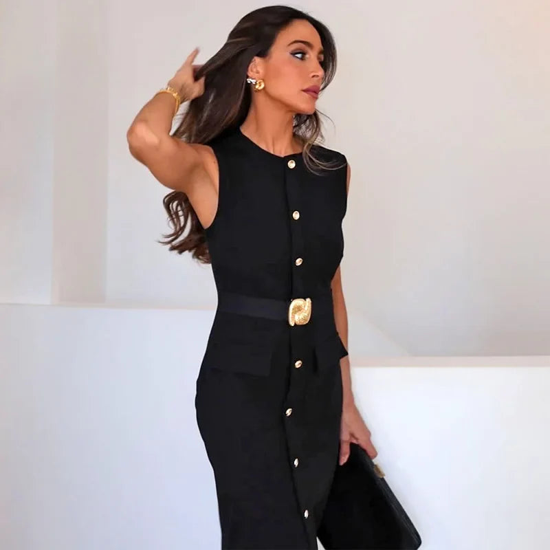 HXAO Red Black Women's Dress Sleeveless Casual Elegant Woman Party Dress Summer Belt Button Long Dresses Tank Midi Dress 088