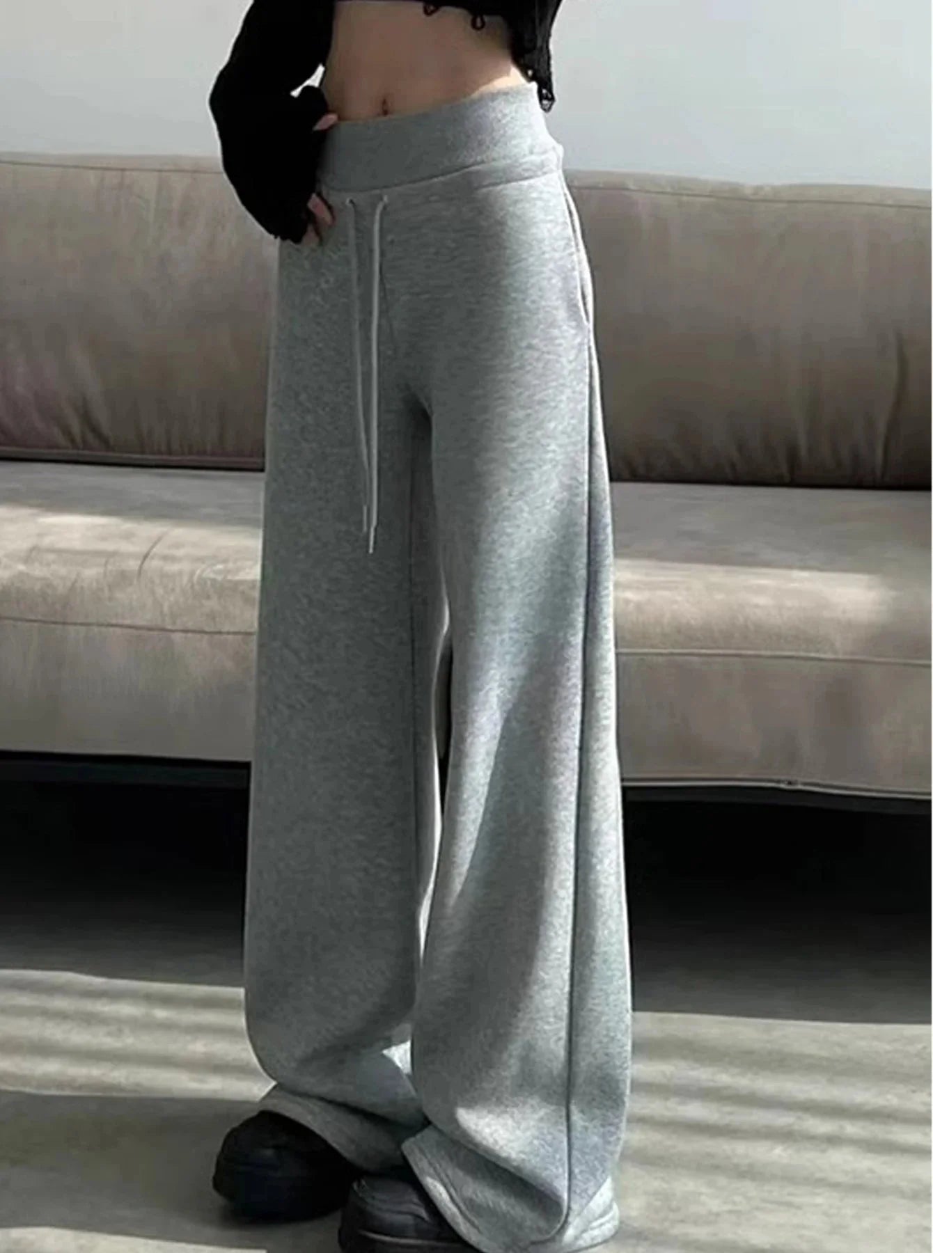 Gray High-Waist Loose Wide-Leg Straight Pants Women