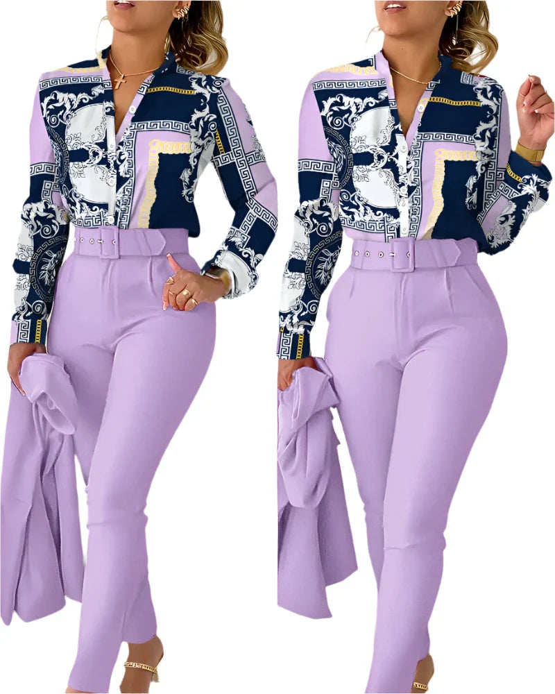 Women's Elegant 2-Piece Set – Printed Long Sleeve Shirt & High-Waist Pants, Casual Spring/Autumn Fashion