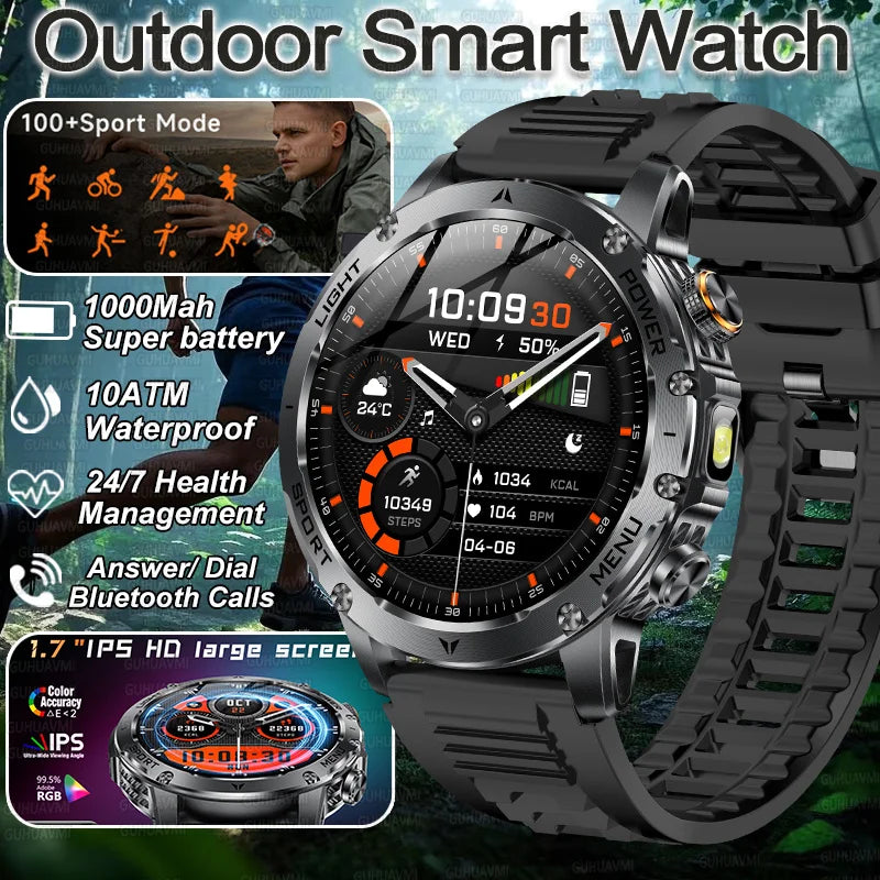 2025 New Military Smart Watch 1000Mah Battery Fitness Tracking 10ATM Waterproof Tactics Sport Flashlight call Bracelet For Men