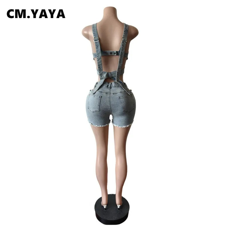 Sexy Holiday Denim Women's Set Halter Neck Crop Tops and Ripped Out Shorts Jeans 2025 Summer Two 2 Piece Sets Outfit