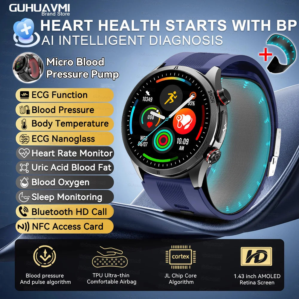 2026New Blood Pressure Air Pump Airbag Accurate Measure Smart Watch Men Micro Physical Examination Health ECG Smartwatch NFC BOX