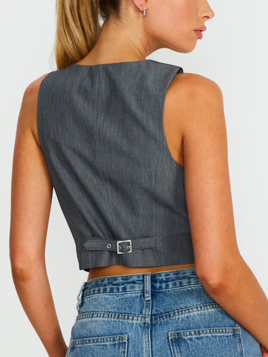 Women's Fashion Black Sleeveless Vests Casual V Neck Button Waistcoat Formal Business Tuxedo Shirt Slim Fit Cropped Blazer Vests