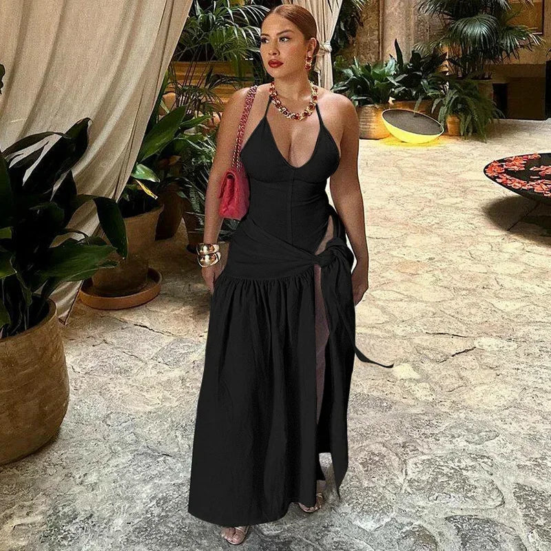 Elegant Women's Set Sleeveless Strap Bodysuit +Long Skirts Set Tracksuit Sexy Tie Up Two 2 Piece Set Outfits