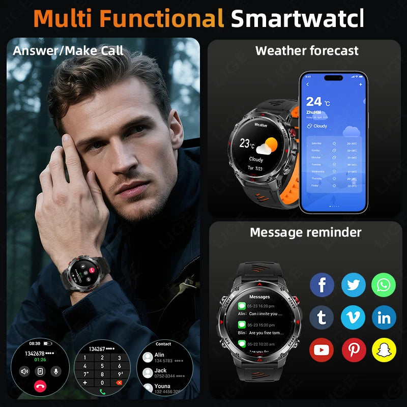LIGE 2025 New Professional GPS Track Sports Smartwatch Outdoor RIDE Run Compass Altimeter 3ATM Fitness Bracelets 540mAh Watches