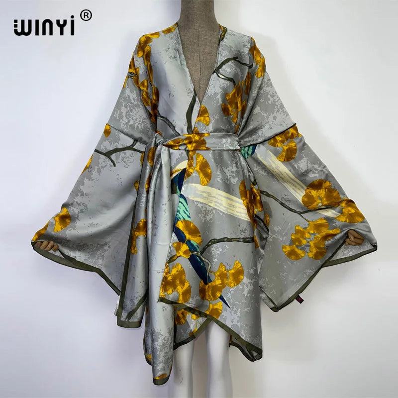 WINYI Summer Beach Wear Swim Suit Cover kaftan sweet lady boho Cardigan stitch Self Belted sexy Holiday long Sleeve Kimono