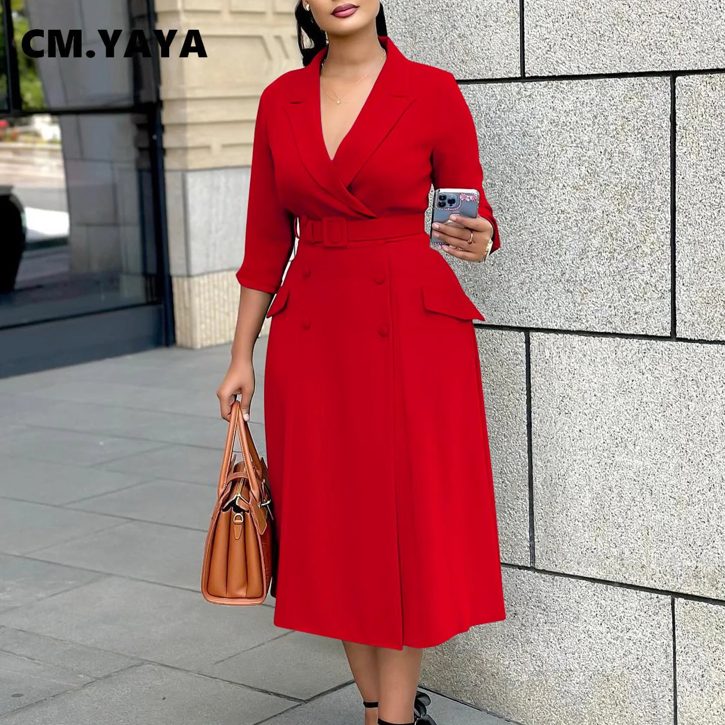 Women Notched Neck Elegant Full Sleeve Midi Dress Work Belt Streetwear Africa Party Club Dresses