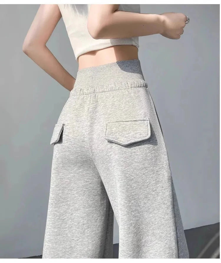 Gray High-Waist Loose Wide-Leg Straight Pants Women