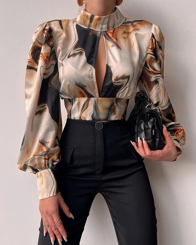 Spring Women Sexy Backless Hollow Print Shirts Tops  Casual Stand Long Sleeve Office Lady Blouses Fashion Party Crop Top