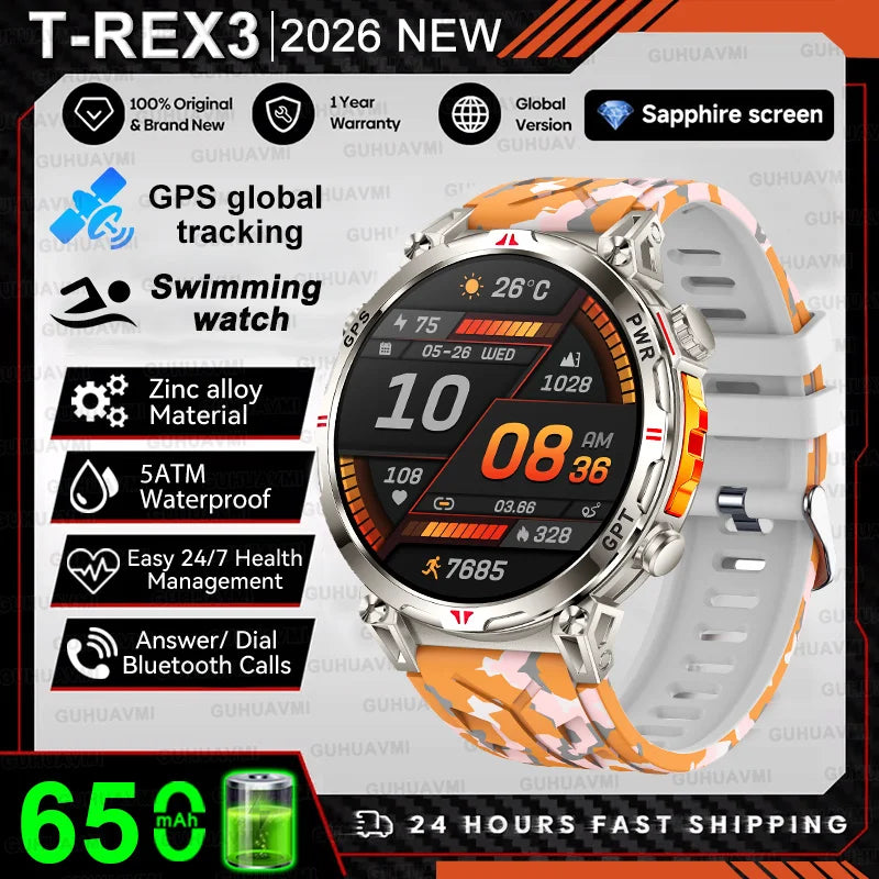 2026 New Military T-Rex 3 Ultra GPS Compass Smart Watch For Outdoor Sports 5ATM Waterproof Heart Rate 650mAh Battery Smart Watch