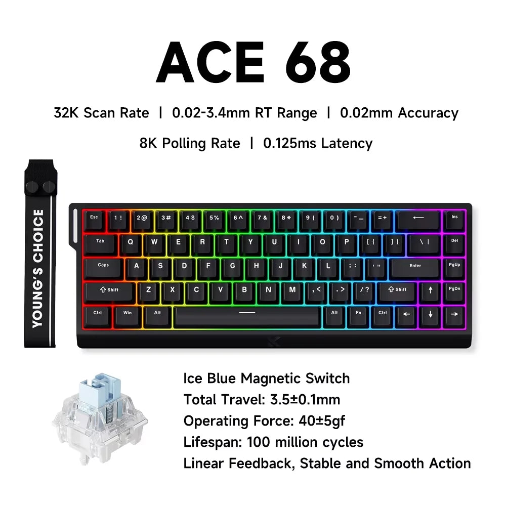 MCHOSE ACE68 Magnetic Keyboard Wired Mechanical ACE60 Pro for Gaming 0.01mm RapidTrigg 8000Hz SOCD/Rs 0.125ms 128K Sampling Rate