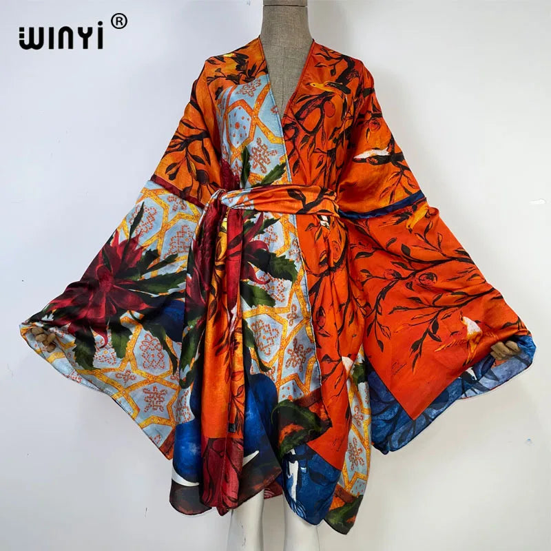 WINYI Summer Beach Wear Swim Suit Cover kaftan sweet lady boho Cardigan stitch Self Belted sexy Holiday long Sleeve Kimono