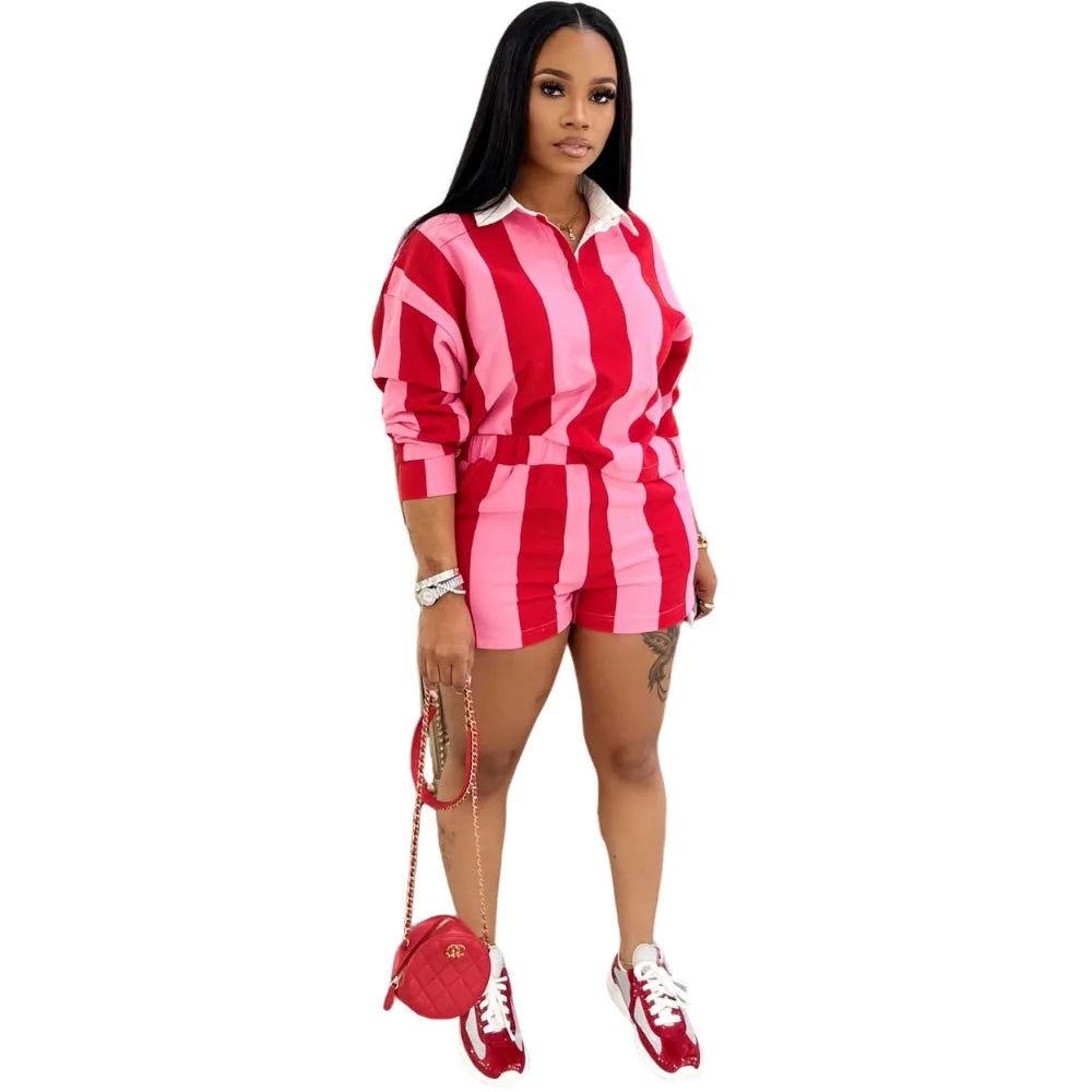 Striped Women's Set Pleated full Sleeve Turn-down Collar Polo-t-shirt and Shorts Two 2 Piece Sets Outfit Tracksuits