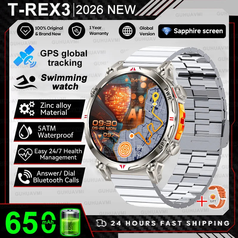2026 New Military T-Rex 3 Ultra GPS Compass Smart Watch For Outdoor Sports 5ATM Waterproof Heart Rate 650mAh Battery Smart Watch