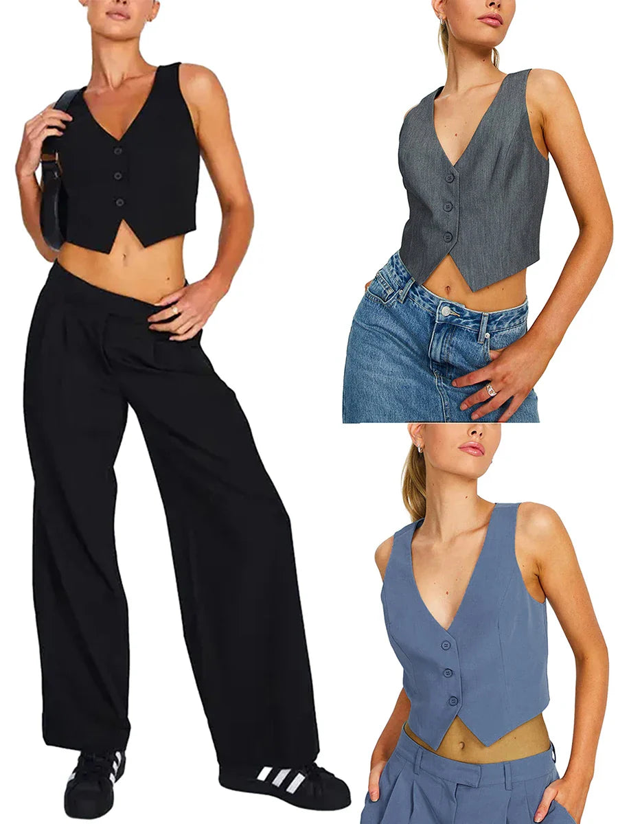 Women's Fashion Black Sleeveless Vests Casual V Neck Button Waistcoat Formal Business Tuxedo Shirt Slim Fit Cropped Blazer Vests