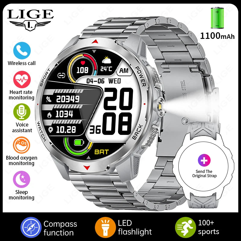 LIGE Men Smart Watch 1100mAh Large Battery 3ATM Waterproof Bluetooth Call Heart Rate Sleep Monitor Flashlight Sports Smartwatch
