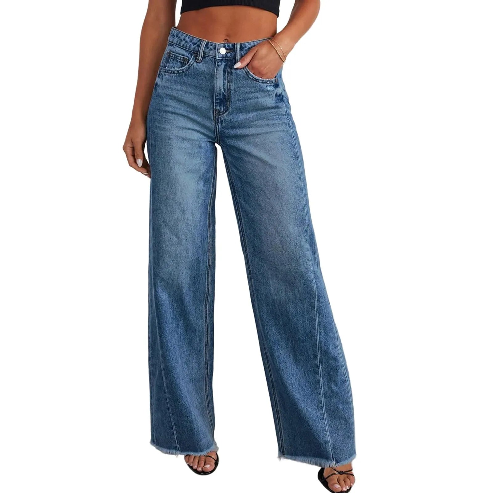 Wide Leg Denim with Frayed Bottom