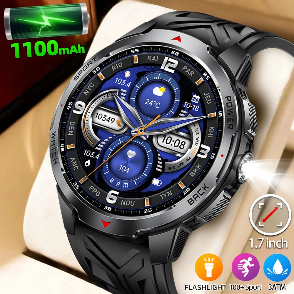 LIGE Men Smart Watch 1100mAh Large Battery 3ATM Waterproof Bluetooth Call Heart Rate Sleep Monitor Flashlight Sports Smartwatch