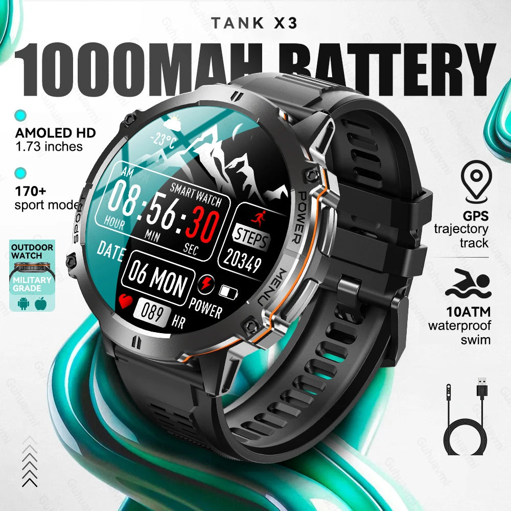 Military TANK X3 1000mAh Battery Men Smart Watch GPS Altimeter 10ATM Waterproof Bluetooth Call Outdoor Sports Adult Smartwatch